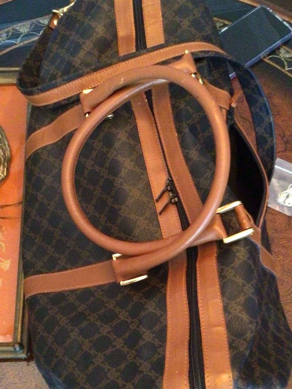 Bally Dark Brown Monogram Leather-Trim Duffel with lock & 2 keys